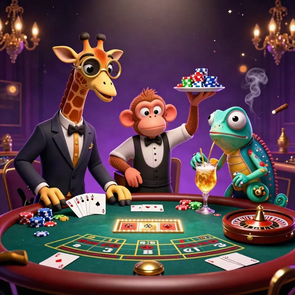 Giraffe, monkey, and chameleon at a glowing casino table with chips, cards, and spinning wheel