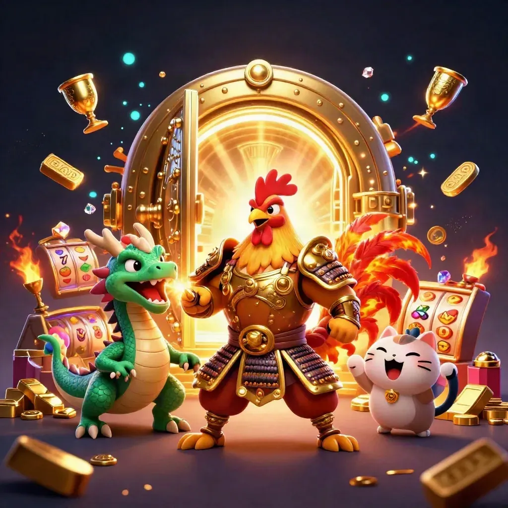 Rooster warrior, dragon hatchling and fortune cat amid a vault blast, gems, gold and casino sparks