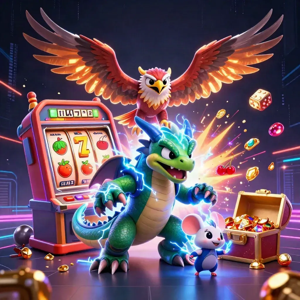 Dragon, hawk, and thunder-mouse burst with casino loot amid neon lightning and a shattered slot machine
