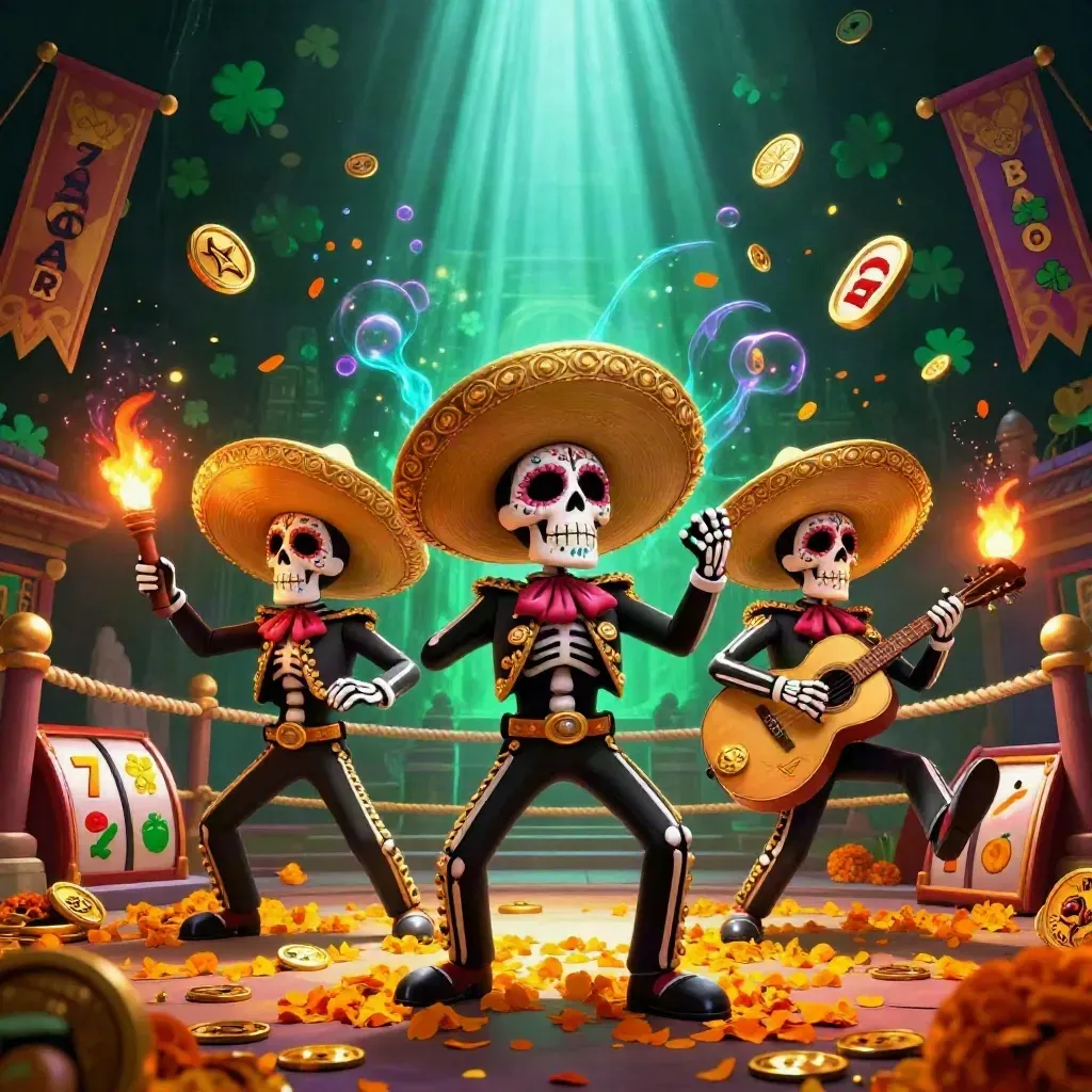 Skeleton mariachi trio in a luxe casino fantasy with emerald glow, gold coins, and neon effects.