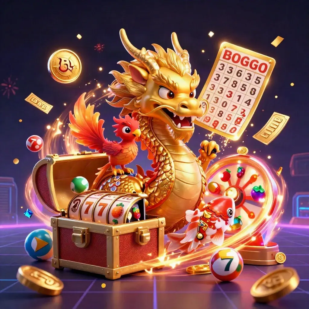 Golden dragon, phoenix and koi burst from treasure with casino icons in a neon vault scene.