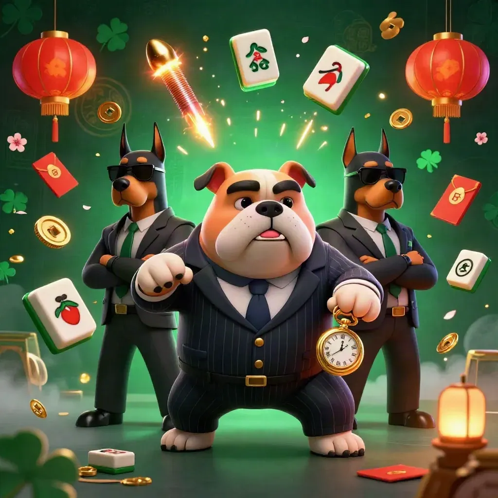 Bulldog mafia boss with two Doberman guards amid lanterns, coins, tiles, and magical casino bursts.