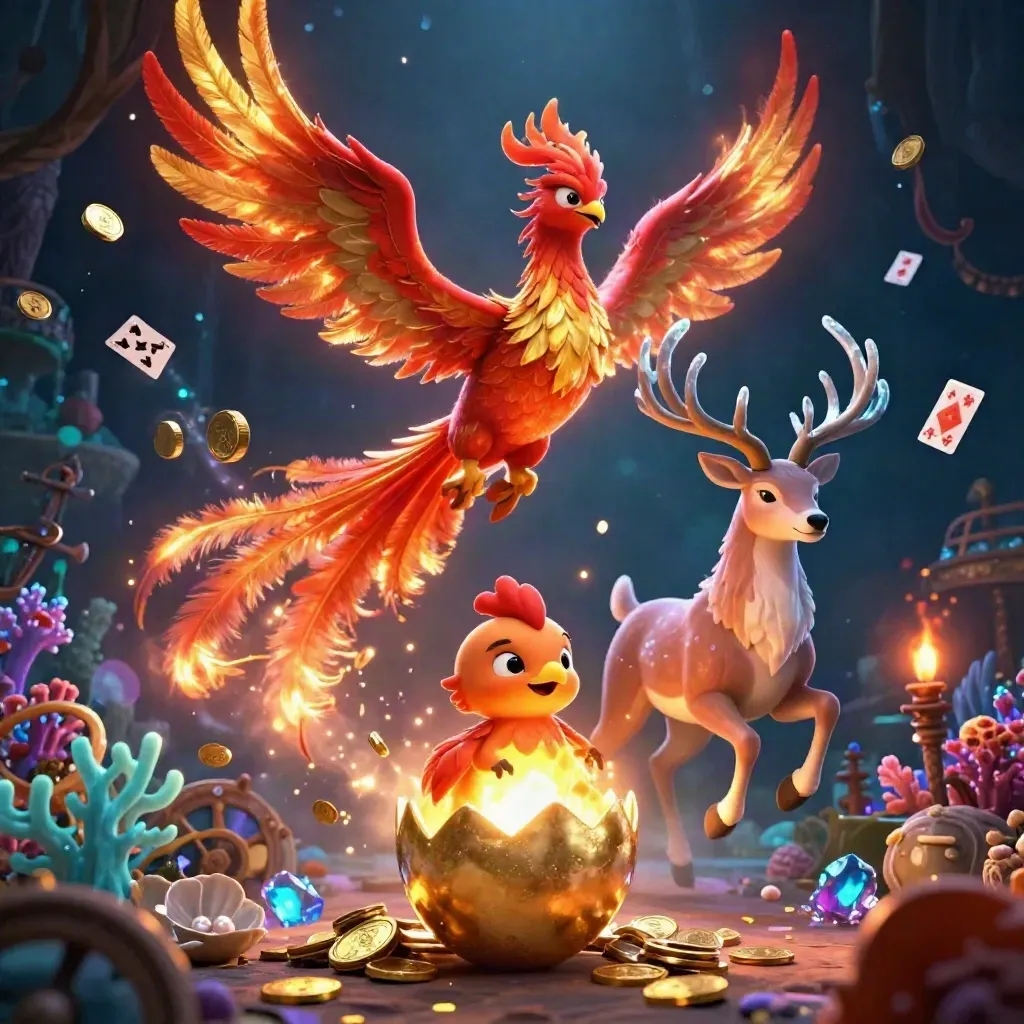 Fire phoenix, hatchling, and crystal stag amid underwater treasure, coins, coral, and glowing particles.