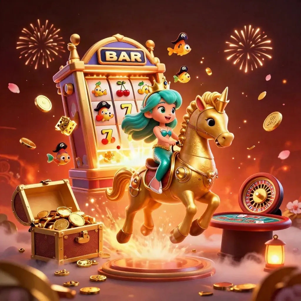 Mermaid princess and pirate fish ride a golden seahorse amid exploding casino riches.