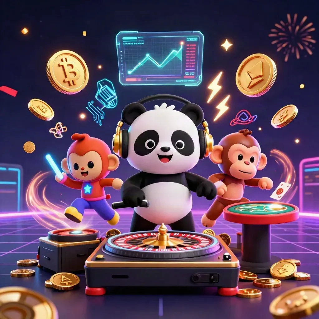 DJ panda, dancing monkey, and glow-stick kitten in a neon casino blast of coins and fireworks.