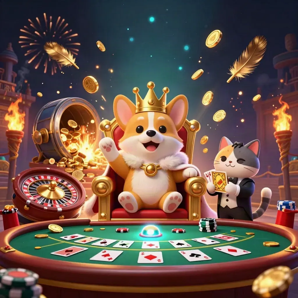 Royal corgi and cat butler amid casino treasure, spinning roulette, cards, and fireworks in neon dark.