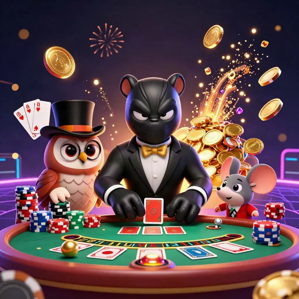 Panther, owl, and mouse amid roulette, chips, coins, gems, and fireworks in luxe casino art.
