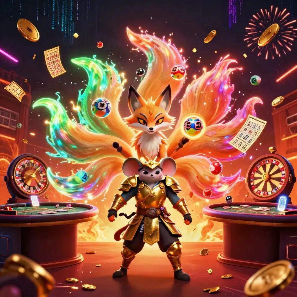 Nine-tailed fox spirit and samurai mouse amid casino symbols, coins, fireworks, and neon energy.