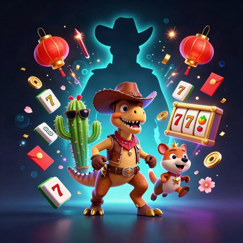 Cowboy T-Rex, cactus, and roadrunner blast through casino effects on a dark neon background.