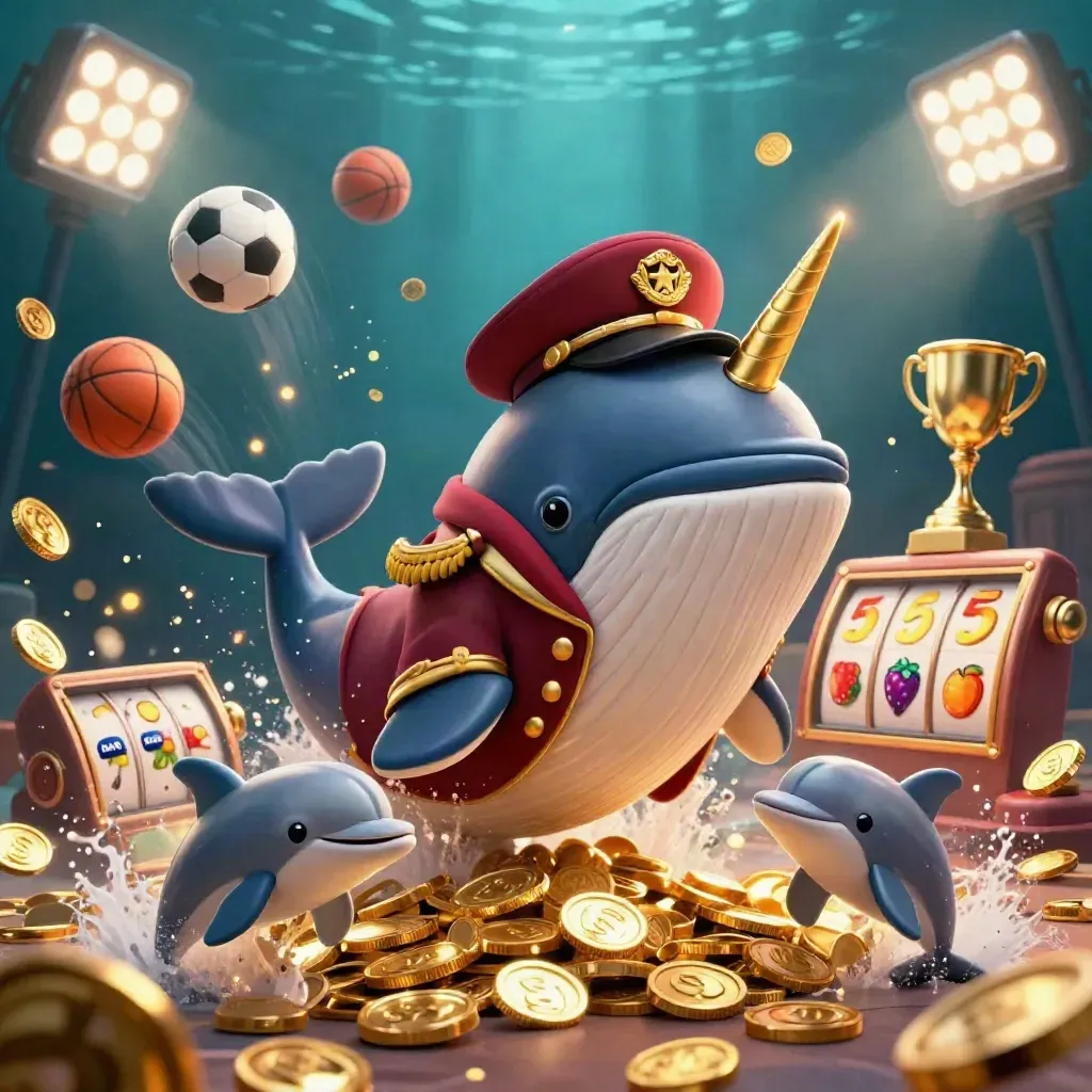 Whale captain, narwhal and dolphins burst through coins with casino symbols and glowing lights.