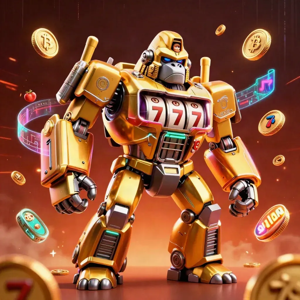 Golden gorilla mech with tiny monkey pilot, slot reels, coins, and neon energy burst