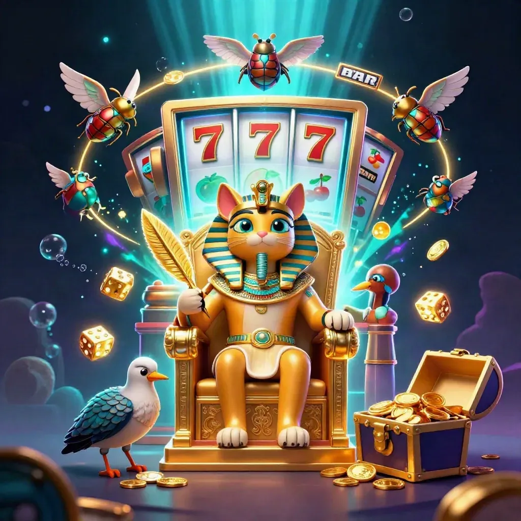 Pharaoh cat, ibis scribe, scarab beetles, and jackpot slot chaos on a glowing throne.