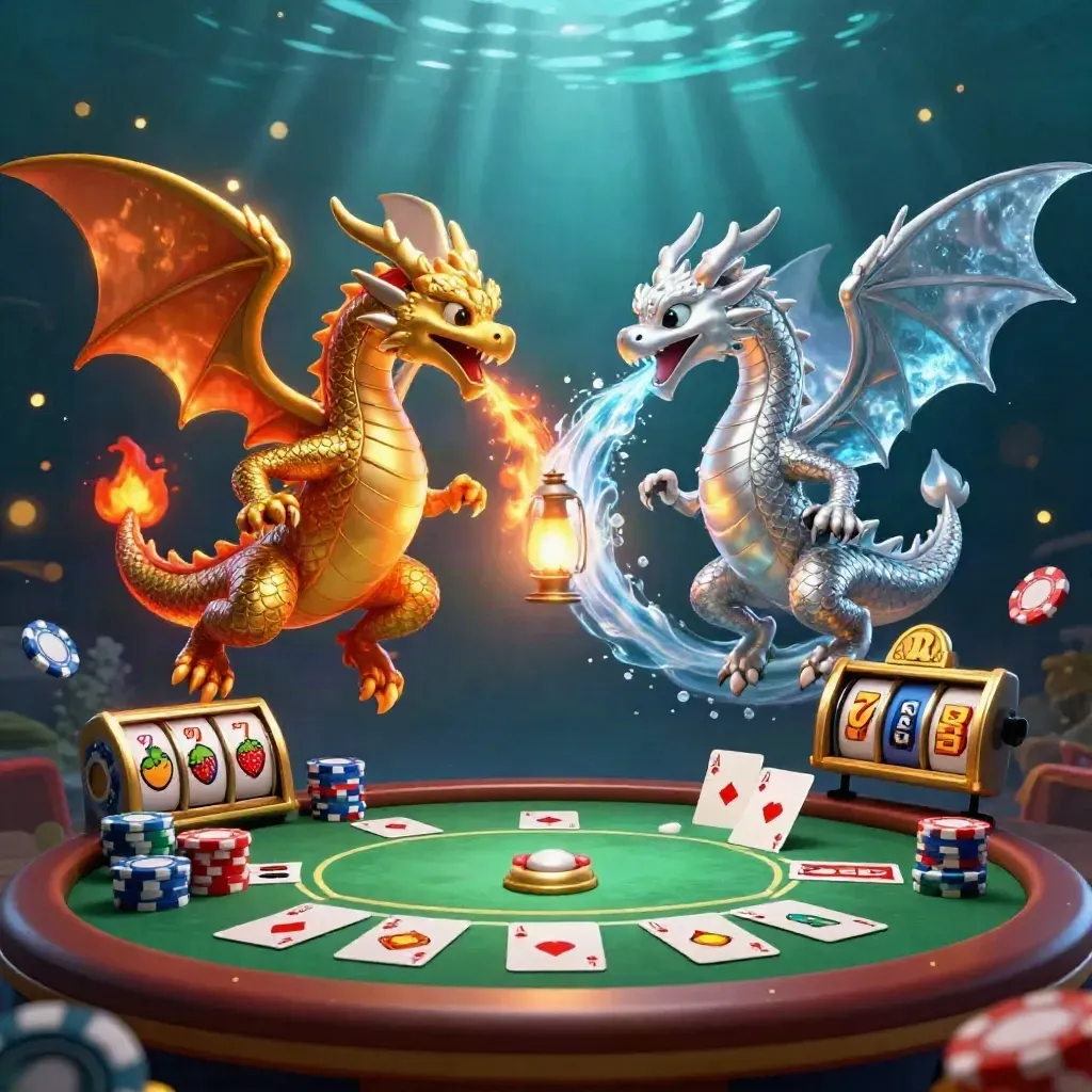 Gold and silver dragons spiral in fire and ice above casino chips, reels, and a lantern spirit.