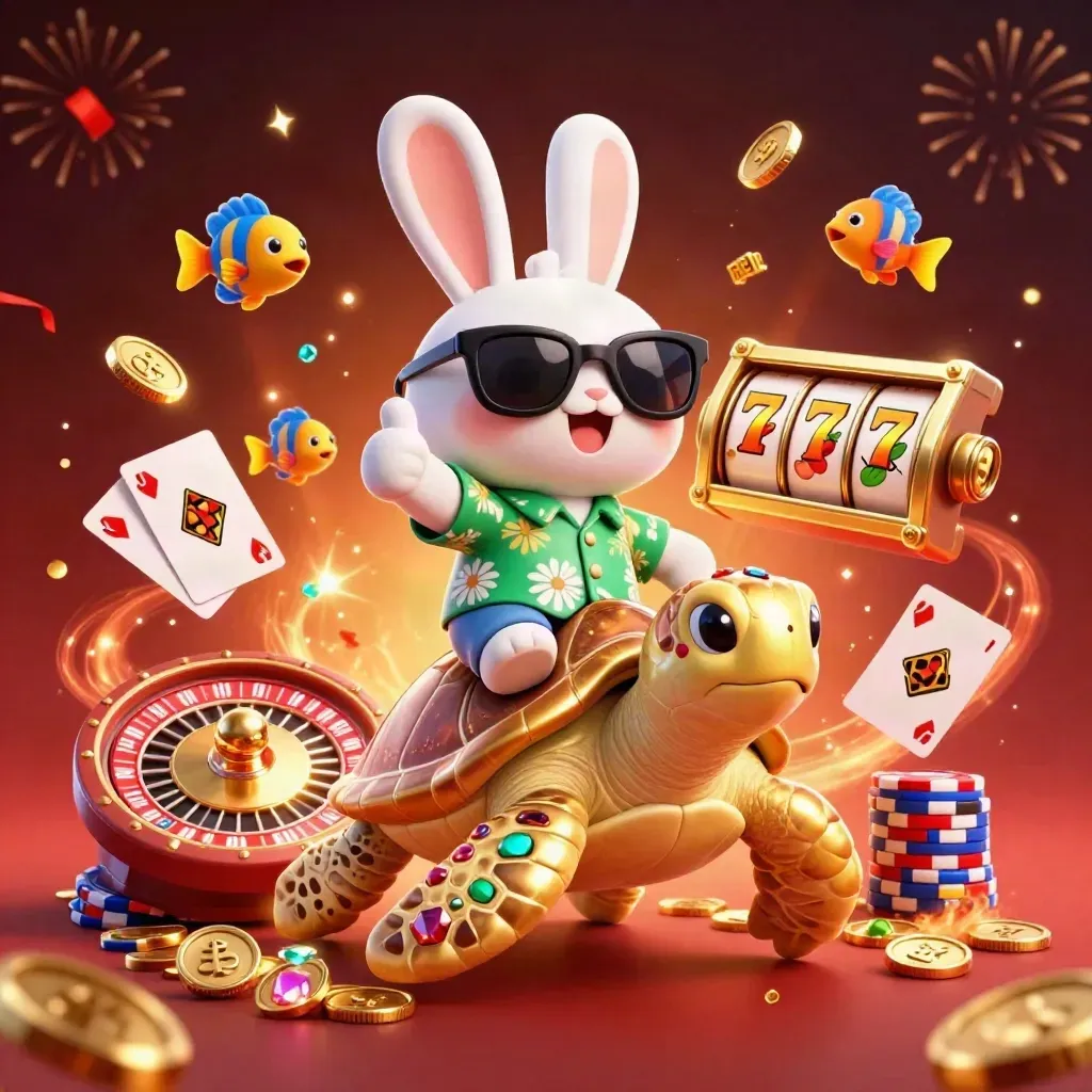 Lucky rabbit on a gem turtle amid casino coins, cards, reels, chips, and fireworks.