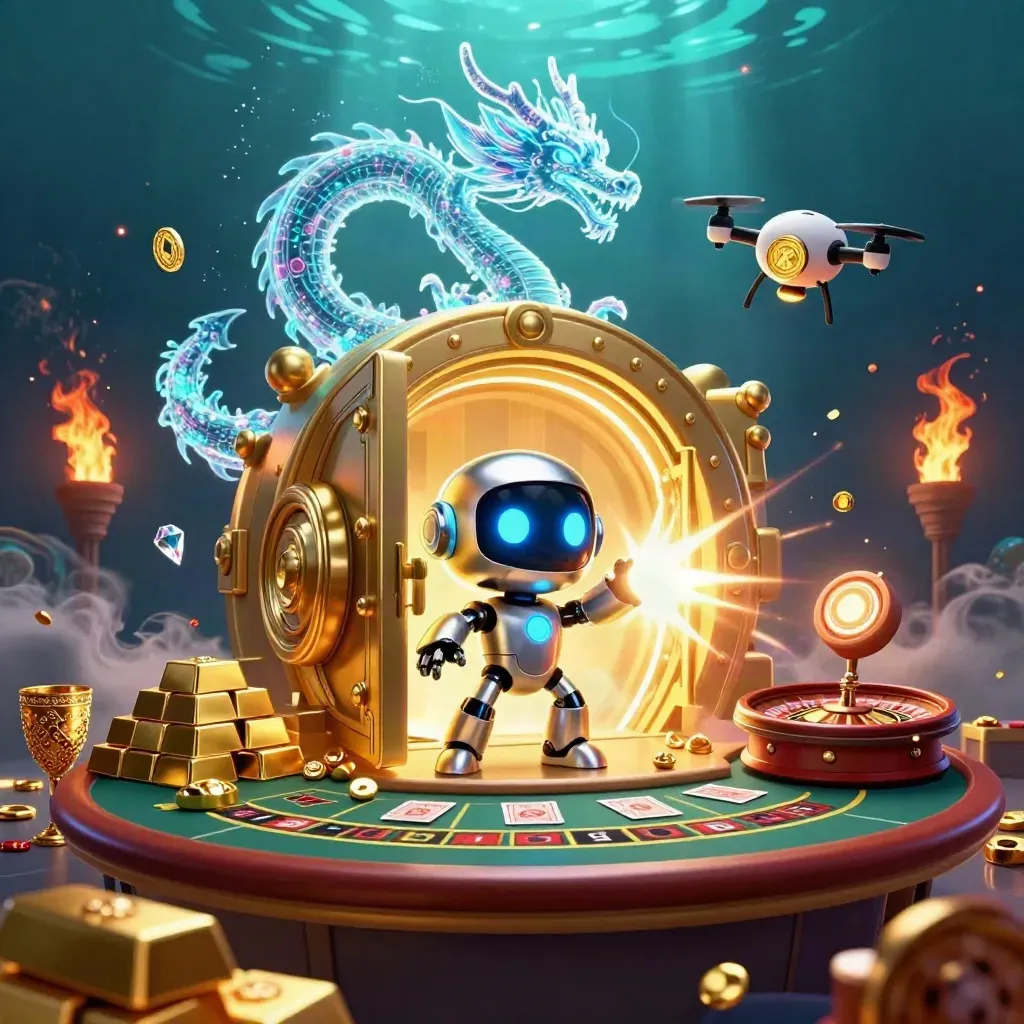 Cyberpunk robot, holographic dragon, and coin drone amid gold vault, gems, and casino tables