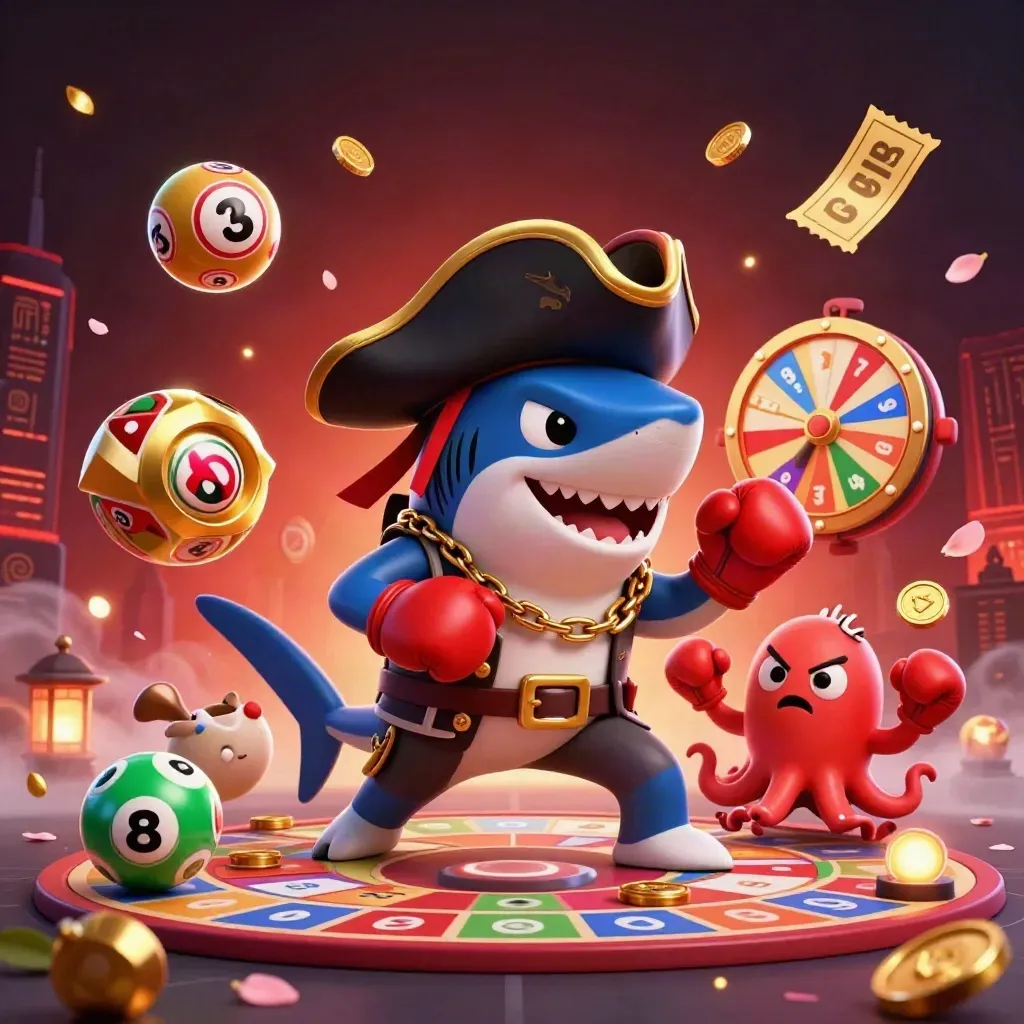 Pirate shark, boxing pufferfish, and juggling octopus amid casino wheels and gold sparks.
