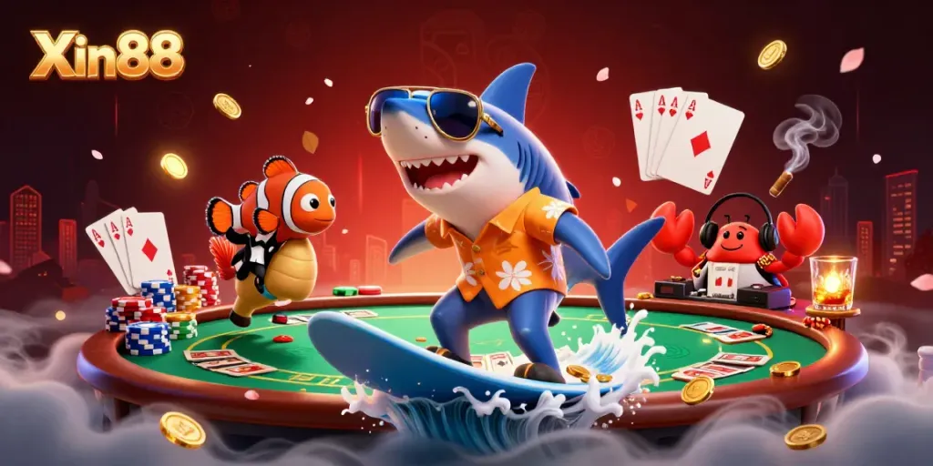 Catching waves of gold coins, the 3D cartoon hammer-head shark showcases Xin88's vibrant gaming experience with poker elements.