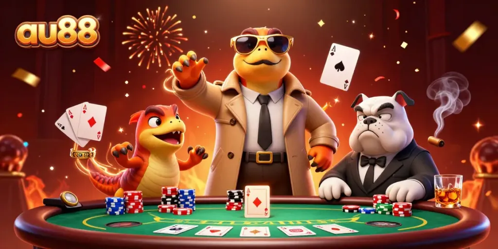 Experience the thrill of au88 with raptors disguised in casino, showcasing a vibrant poker scene.