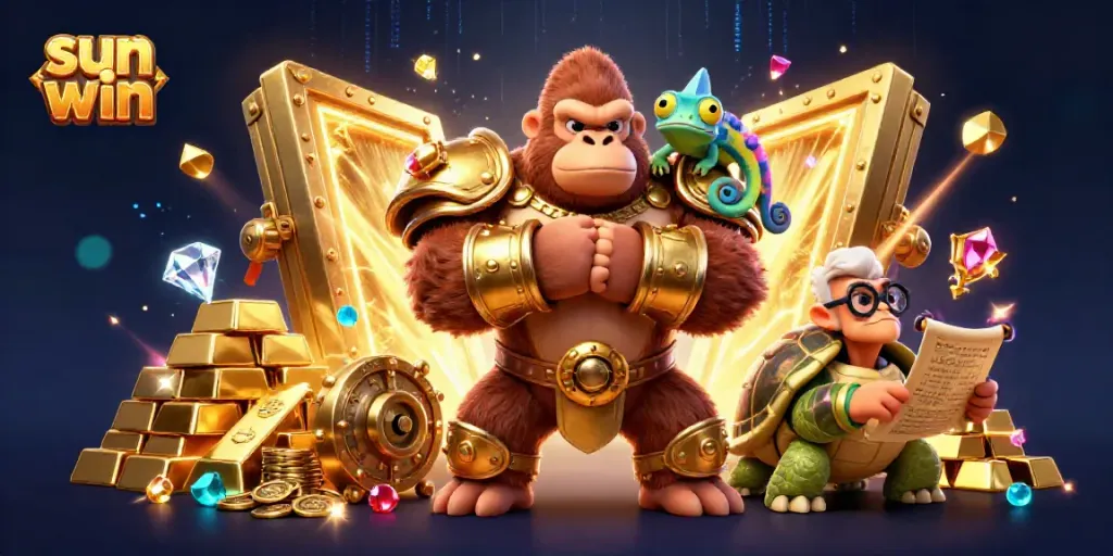 Experience the thrill of sun win with dynamic characters and golden treasures in this 3D casino illustration.