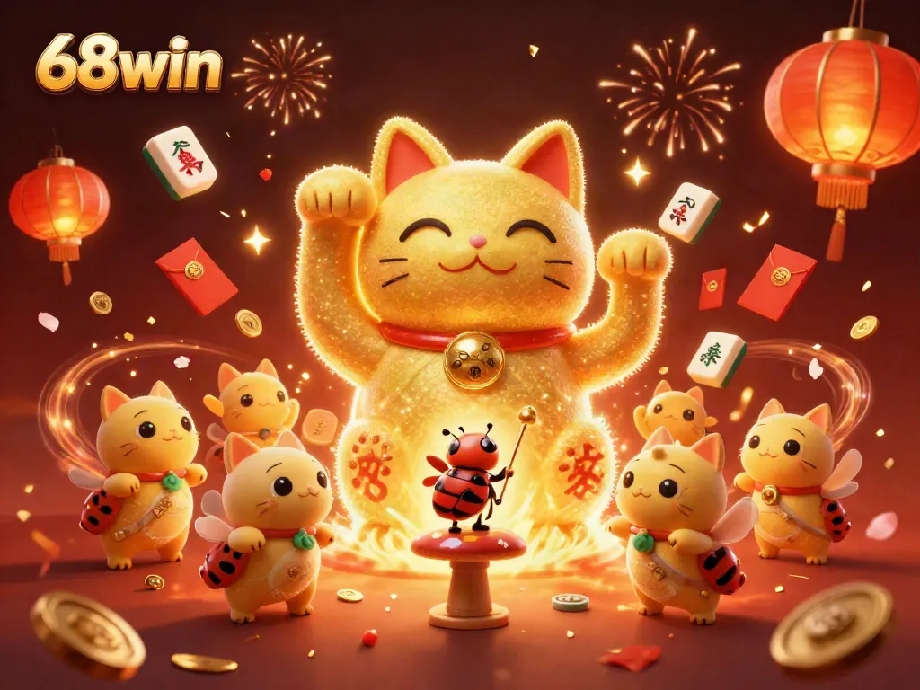 Experience the vibrant gaming world of 68win with a lucky cat and fireflies, celebrating wins in a visually rich scene.