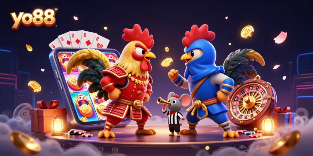 Experience thrilling action with yo88 as cartoon roosters standoff amidst slot games and golden coins.