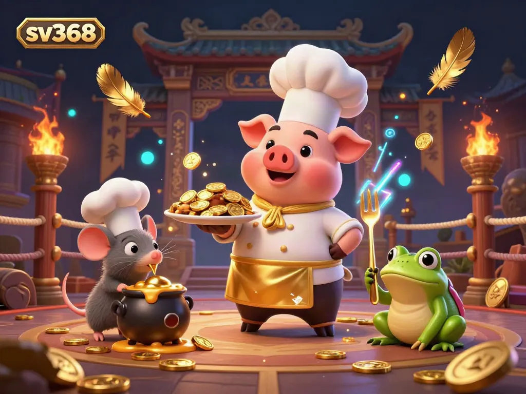 Celebrate winnings at sv368 with vibrant 3D illustration of a pig chef serving gold coins.