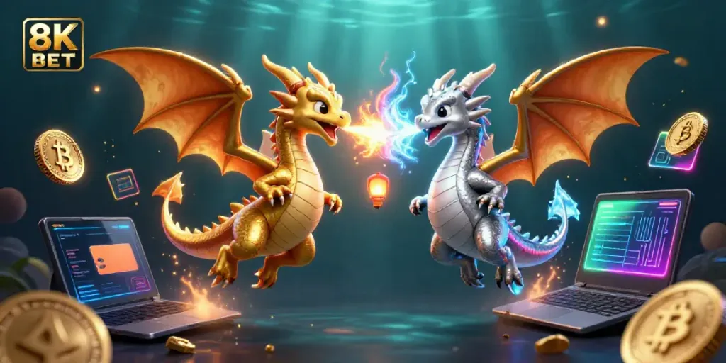 Experience thrilling games at 8K BET with intertwined dragons in an action-packed casino environment.