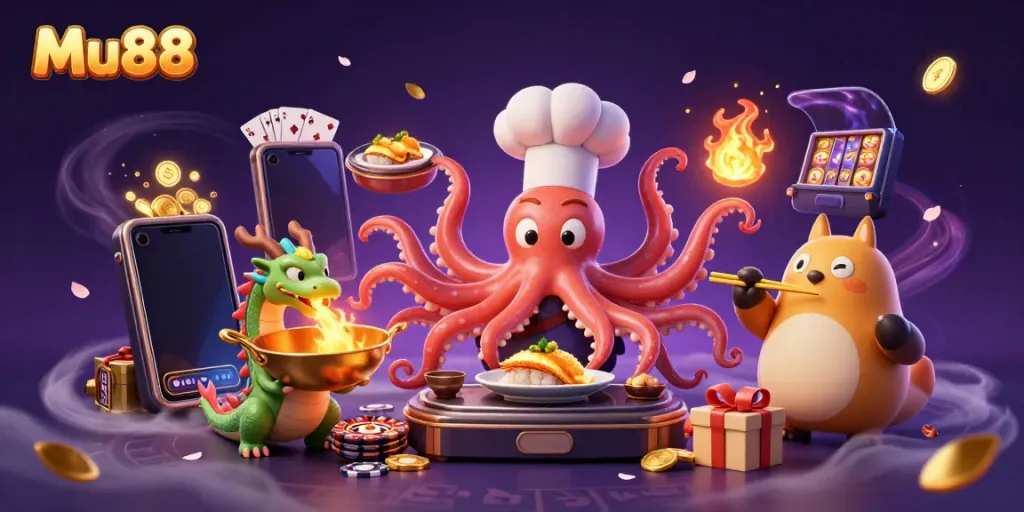 Mu88 slot gaming experience featuring a dynamic sushi chef octopus in a vibrant casino setting.
