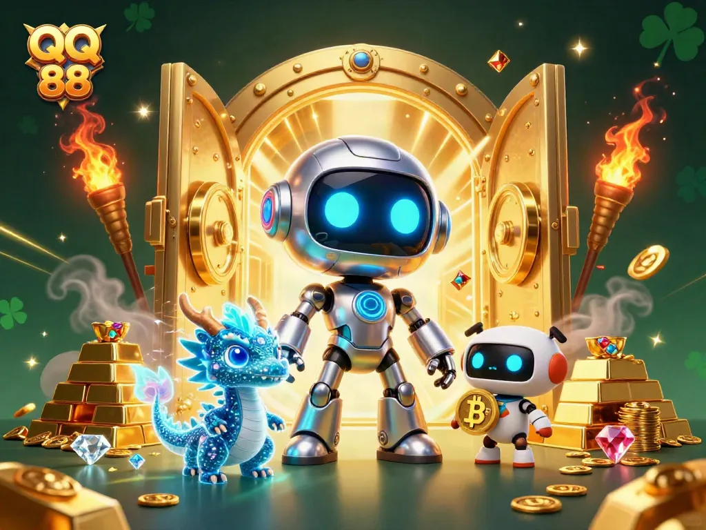 Engage in thrilling gameplay with QQ 88 featuring a cyberpunk robot, AI dragon, and bitcoin drone.