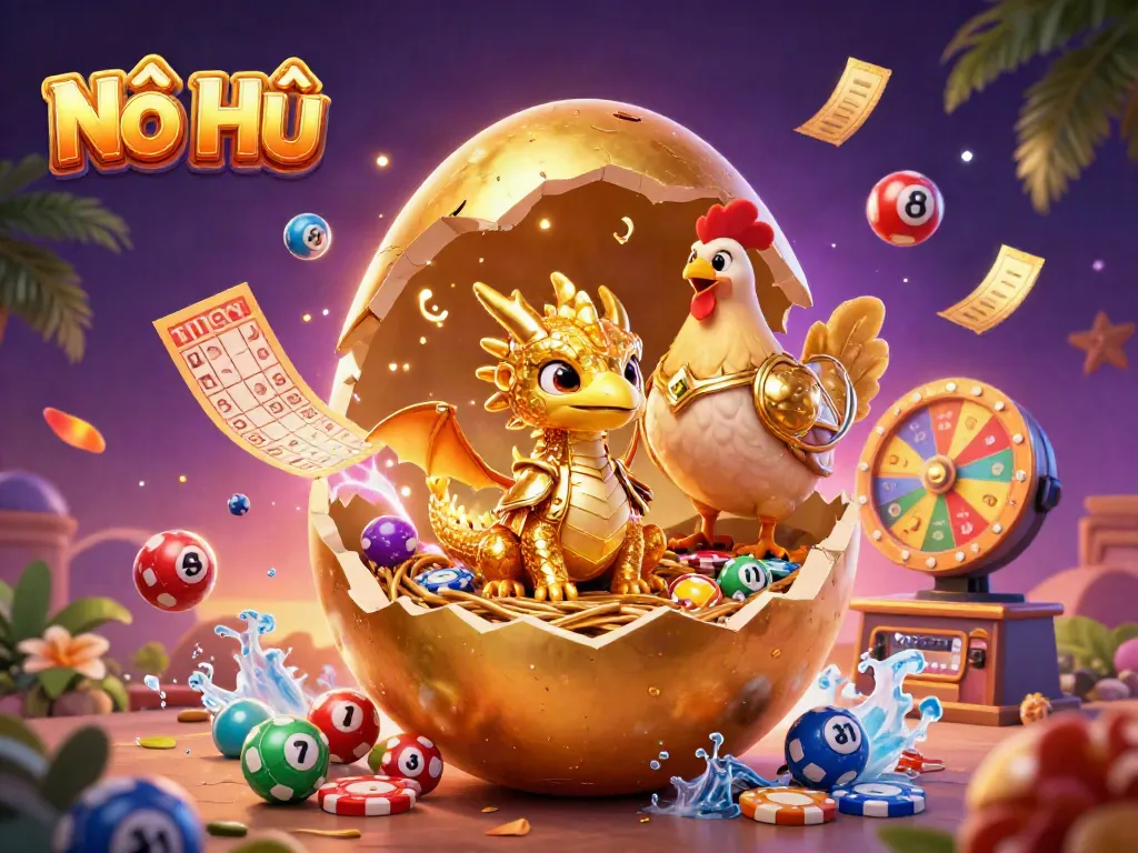 Engage in thrilling Nổ Hũ gameplay as a golden dragon emerges from a jackpot egg surrounded by vibrant game elements.