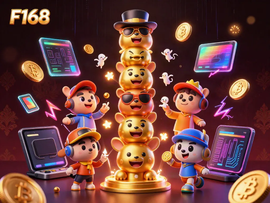 Engage with F168's vibrant gaming experience, featuring a golden totem pole with casino elements.