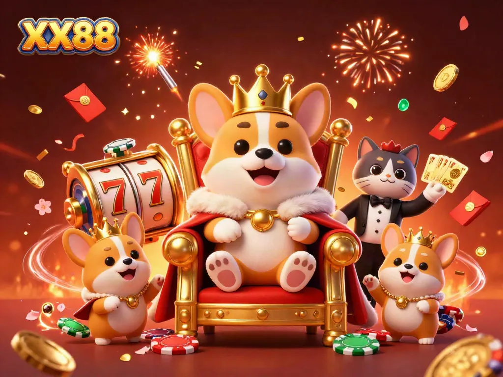 Experience thrilling gameplay with XX88, featuring a royal corgi on a throne of poker chips.