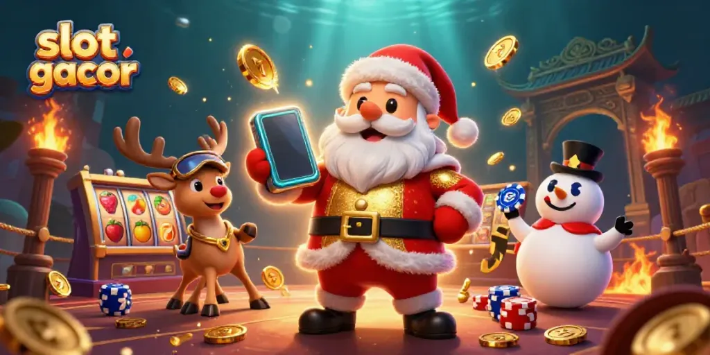 Gambarkan slot gacor dengan Santa Klaus kartun 3D di kasino penuh kemewahan.