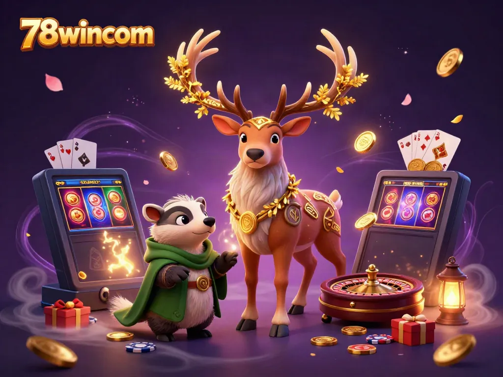 Experience thrilling games with the 78wincom logo in an enchanting casino scene.