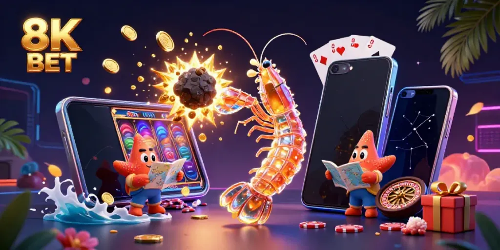 Experience thrilling wins at 8K BET with a dynamic illustration of gaming excitement and vibrant visuals.