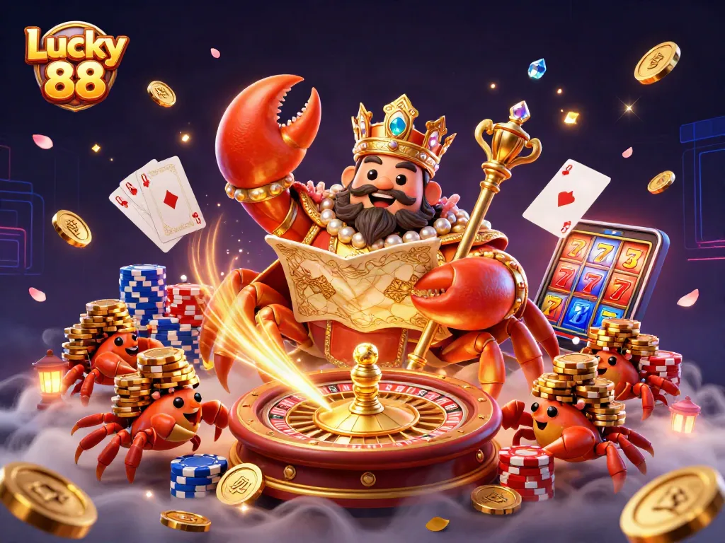 Engage with the Lucky 88 gaming world featuring a golden crab emperor amidst vibrant casino elements.