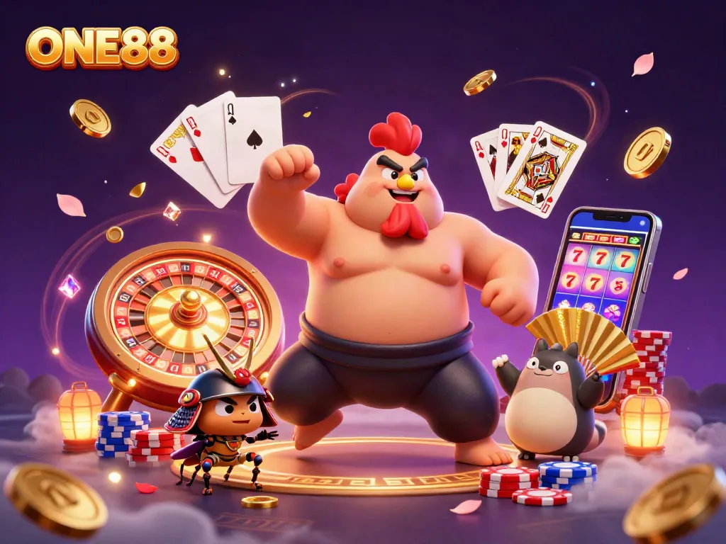 Engage with the exciting ONE88 casino scene filled with colorful characters and dynamic gaming elements.