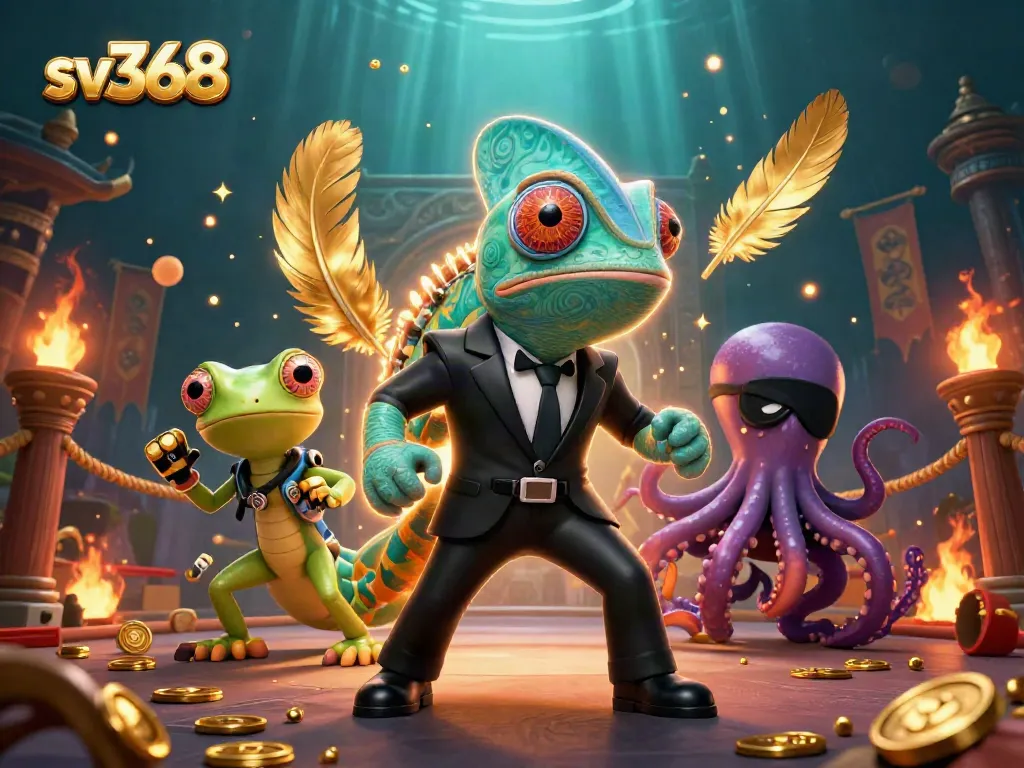 Engage in a thrilling sv368 gaming experience with a vibrant chameleon, clever gecko, and cunning octopus in action.