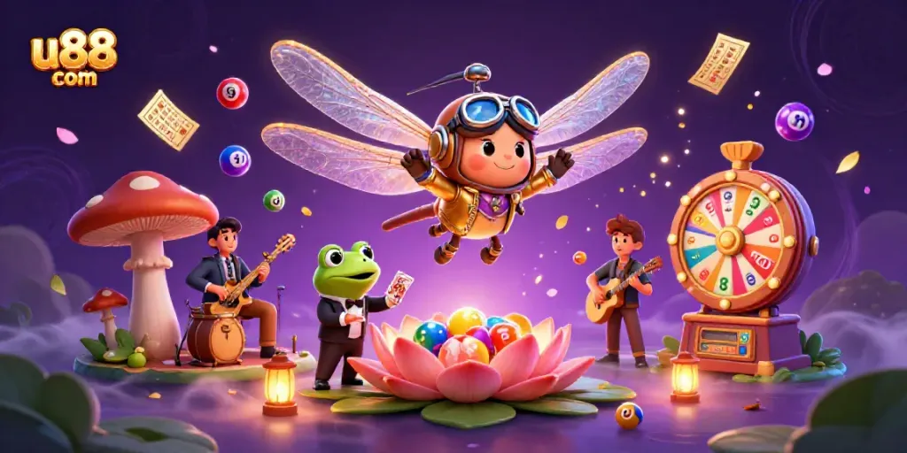 Engage with exciting games at u88 com with a vibrant casino scene featuring a helicopter pilot and croupier.