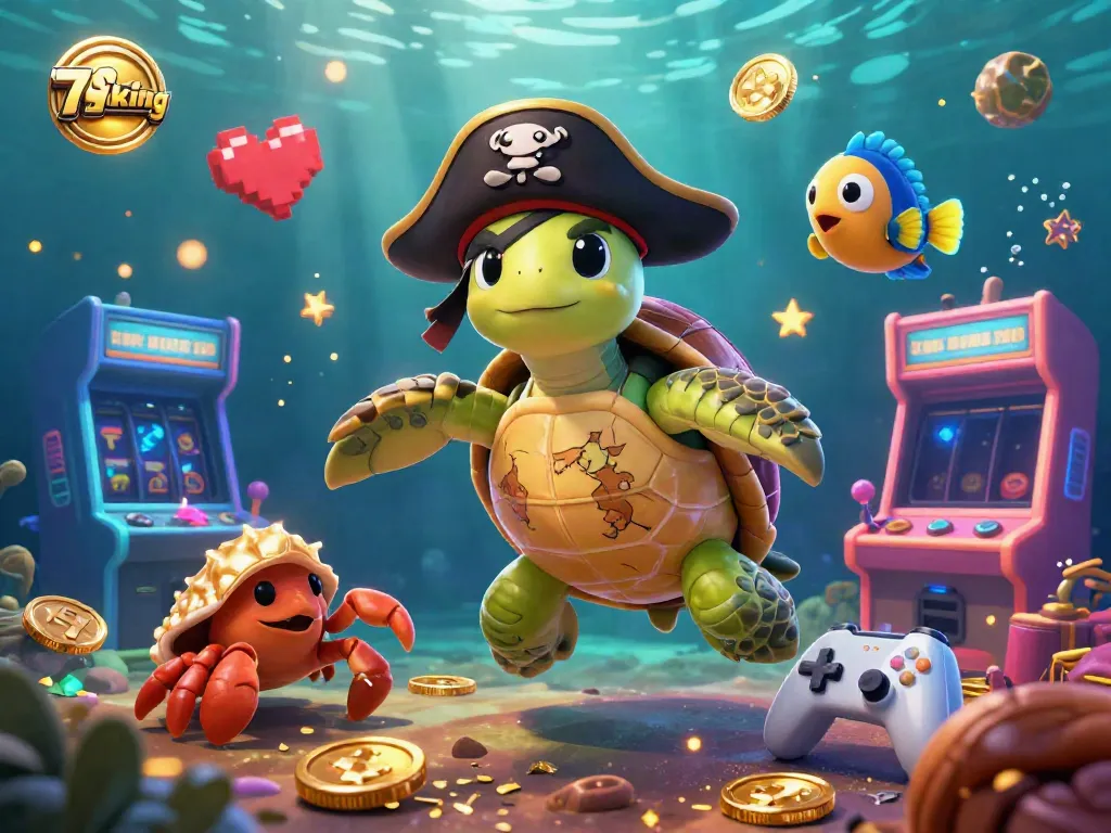 Swim towards exciting 79king casino adventures with a vibrant scene of a pirate turtle and friends amidst slots and treasures.