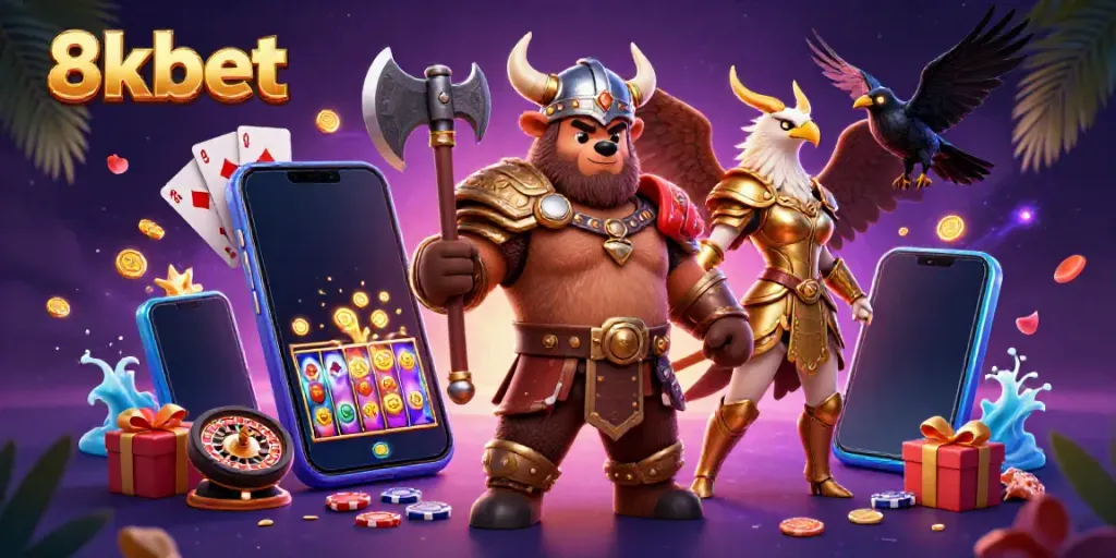 Engage with thrilling games at 8xbet featuring a Viking bear and Valkyrie eagle in a vibrant casino setting.