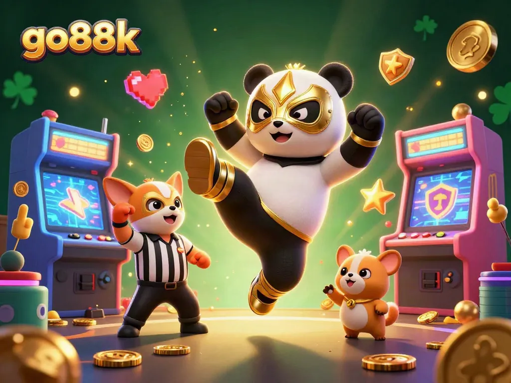 Engage with go88k's thrilling casino experience featuring a dynamic wrestling panda and lively game elements.