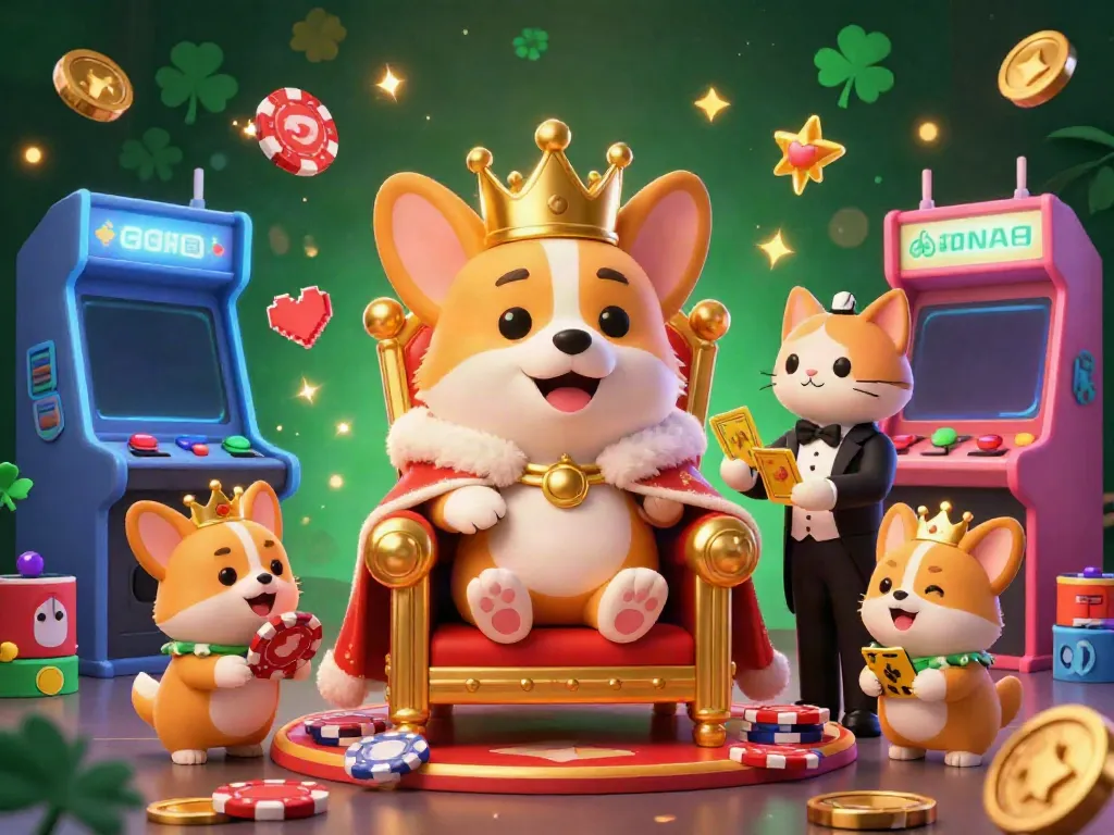 Engage with OK9's vibrant gaming world featuring a crowned corgi on poker chips with a cat butler and arcade elements.