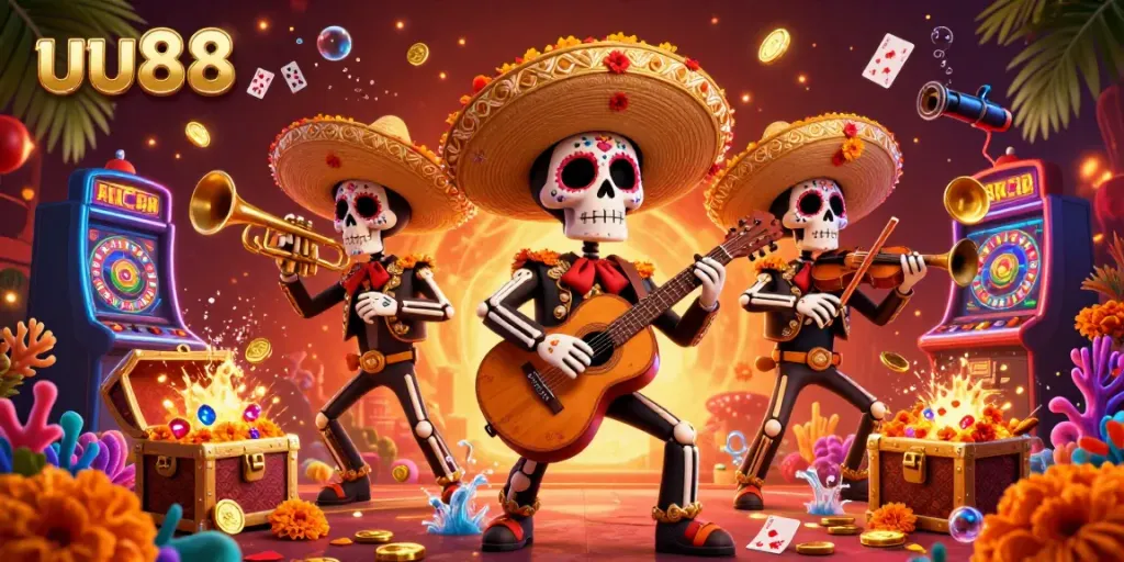 Experience the excitement of uu88 with vibrant mariachi skeletons amidst casino treasures.