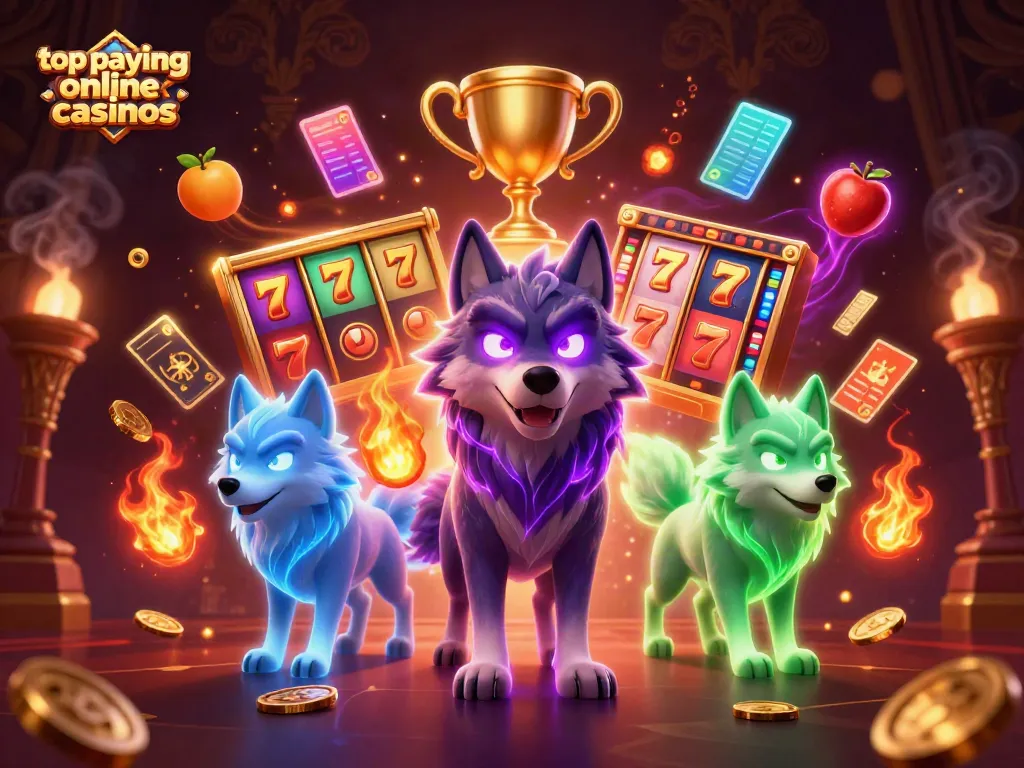Experience the thrill of top paying online casinos with a vibrant, dynamic scene featuring enchanting wolves and casino elements.