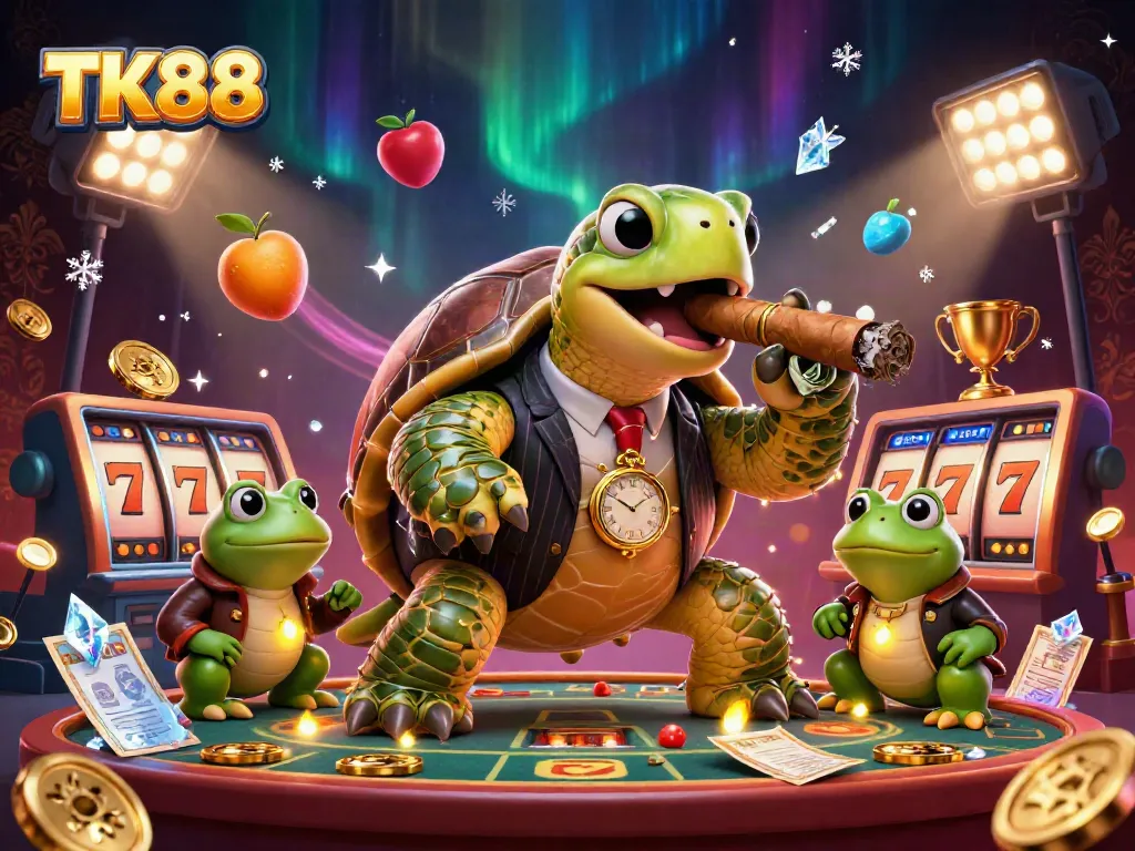 TK88 turtle mobster and bullfrog enforcers celebrating slots with animated gaming elements.