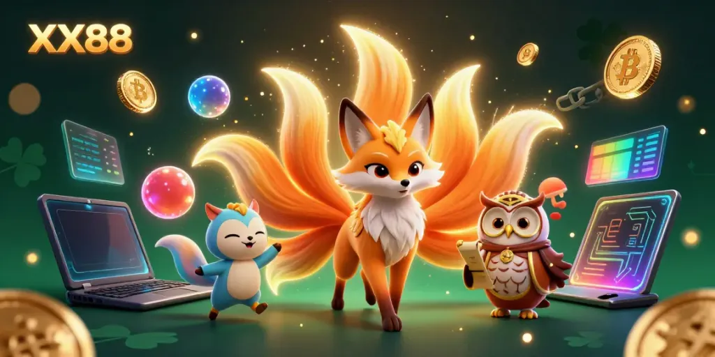 Engage in thrilling gameplay at XX88 casino featuring vibrant characters and crypto elements in dazzling illustrations.