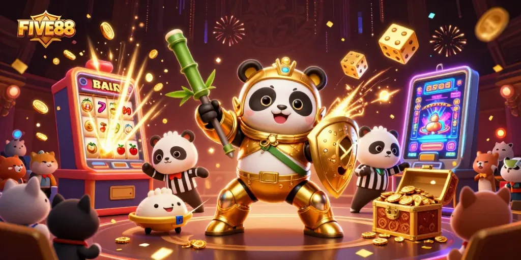 FIVE88 launches an exciting game atmosphere with a panda pilot in a vibrant casino scene.