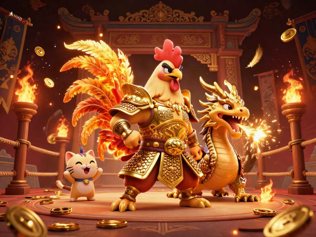Experience the excitement of xin88 with a fierce rooster warrior and dragon in a dynamic casino scene.