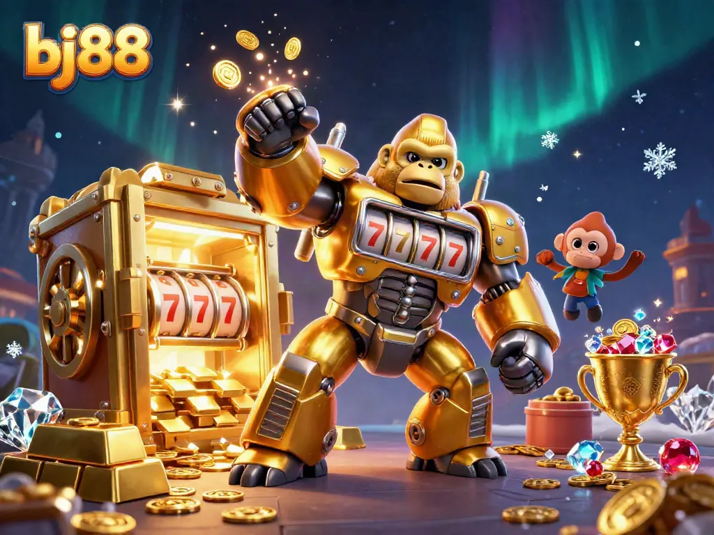 Experience the thrill of bj88 with a golden gorilla mech surrounded by treasures and winning symbols.